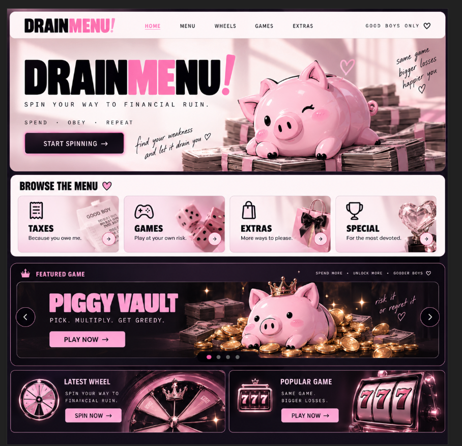 Drainmenu homepage with pink piggy banks, cash, wheels, and games