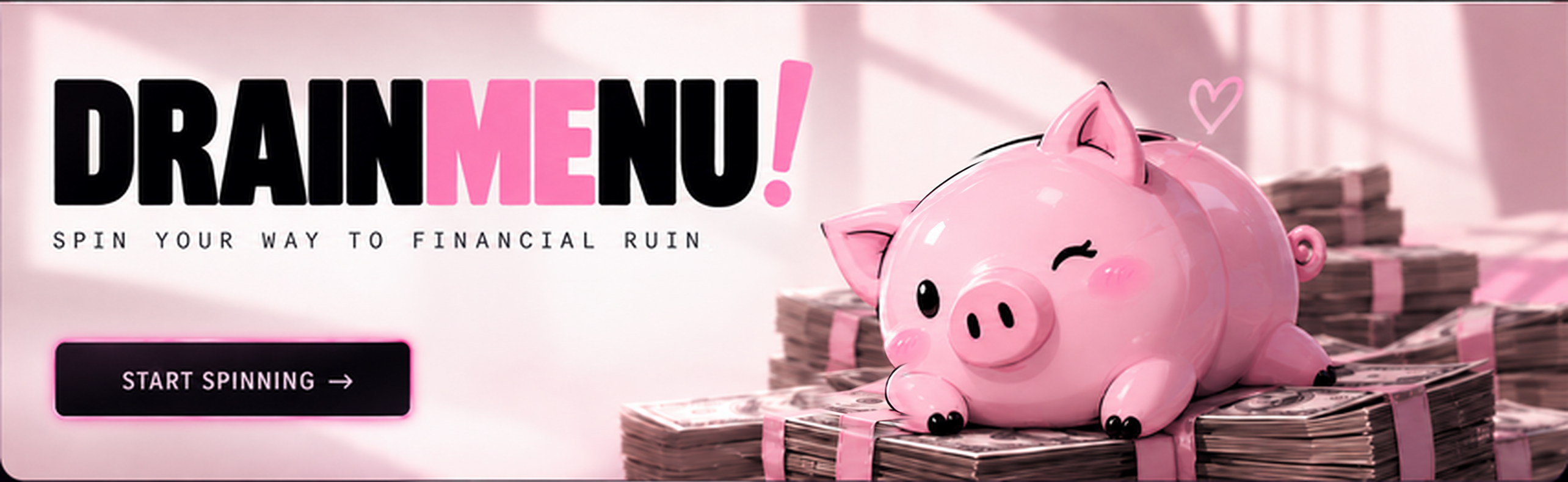 Drainmenu banner with a glossy pink pig resting on stacks of cash